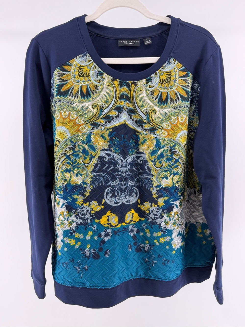 Susan Graver Weekend Boho Printed Navy Blue Pullover Sweatshirt, Women's Large